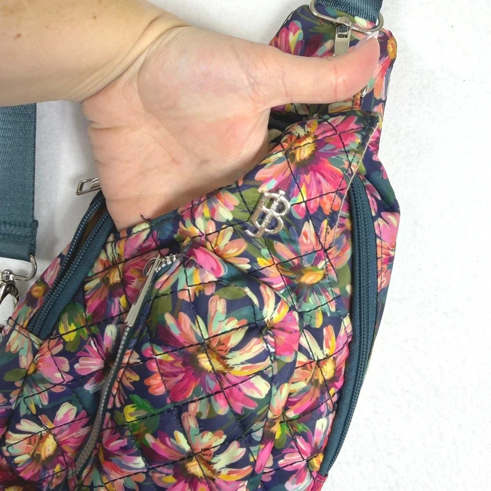 Bella Taylor Floral‎ Quilted Sling Bag Crossbody Backpack Navy Pink Daisy